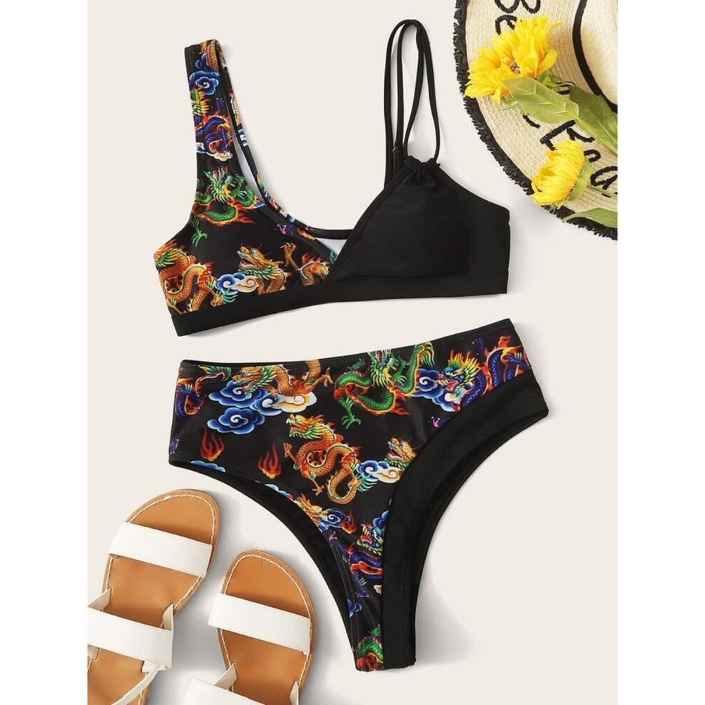 Shein Chinese Dragon Print Bikini Swimsuit sz S